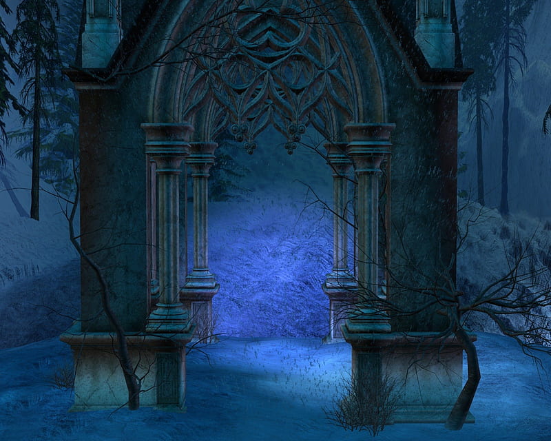 Winter Chapel, fantasy, chapel, blue, winter, HD wallpaper