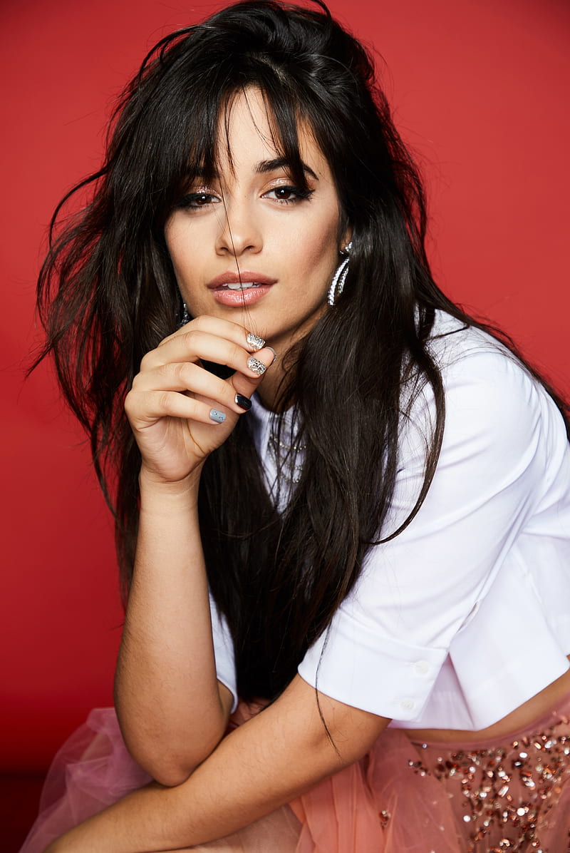 Camila Cabello, women, singer, brunette, looking at viewer, simple background, long hair, HD phone wallpaper
