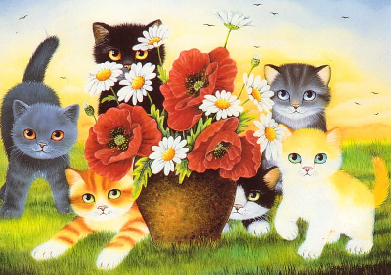 Kittens and poppies, art, kittens, vase, adorable, camomile, sweet, daisies, cute, bouquet, painting, summer, flowers, kitties, cats, friends, HD wallpaper