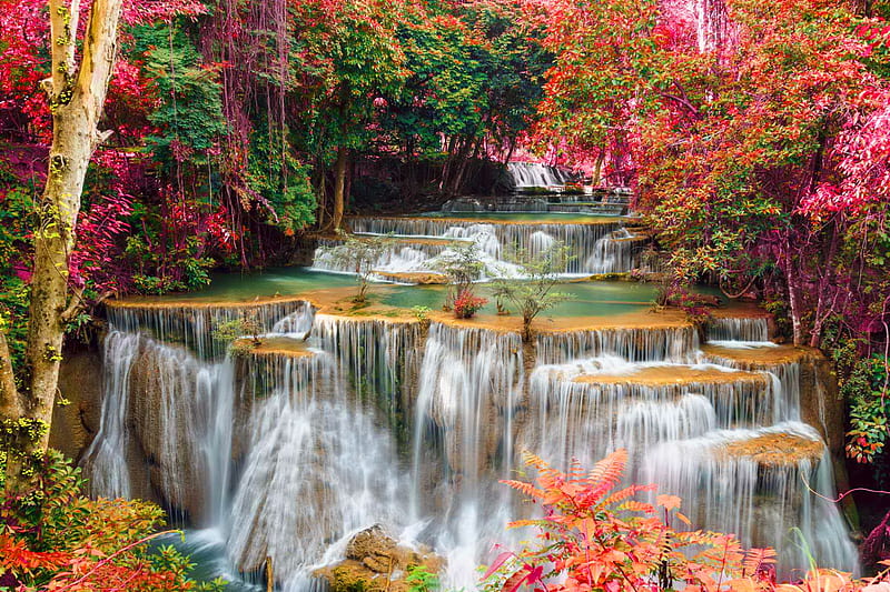 Huai Mae Khamin waterfall, waterfall, bonito, trees, fall, forest, colorful, autumn, Thailand, cascades, national park, province, HD wallpaper