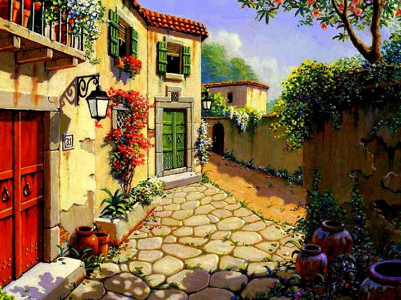 Courtyard, lantern, houses, red doors, trees, green doors, cobblestone path, walls, flowers, HD wallpaper