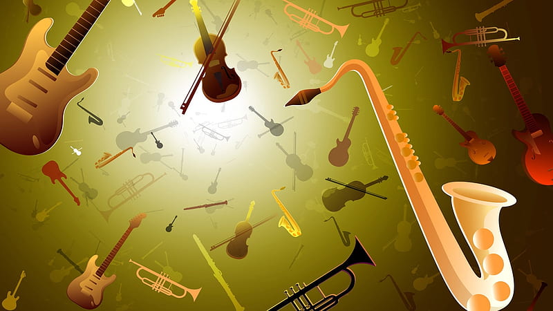 musical instruments, saxaphone, violin, guitar, trumpet, HD wallpaper