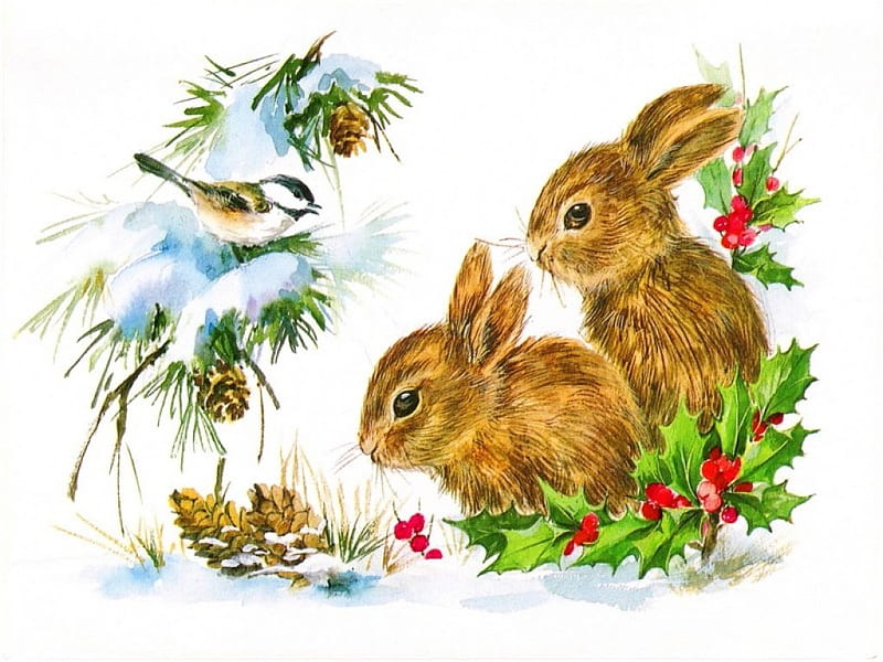 Critter Christmas, Christmas, tree, snow, bunnies, HD wallpaper
