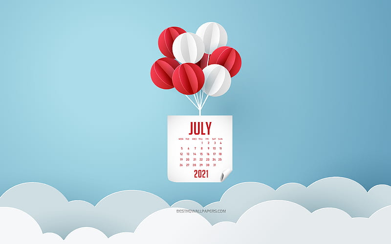 2021 July Calendar, blue sky, white and red balloons, July 2021 Calendar, 2021 concepts, 2021 summer calendars, July, HD wallpaper
