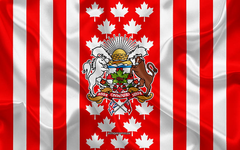 Coat of arms of Calgary, Canadian flag, silk texture, Calgary, Canada, Seal of Calgary, Canadian national symbols, HD wallpaper