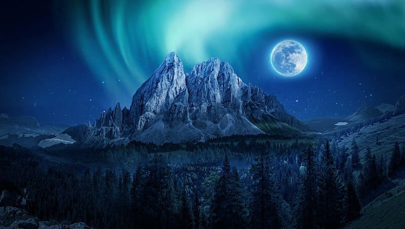 aurora borealis, northern lights, scenery, mountain, moon, mood, Landscape, HD wallpaper