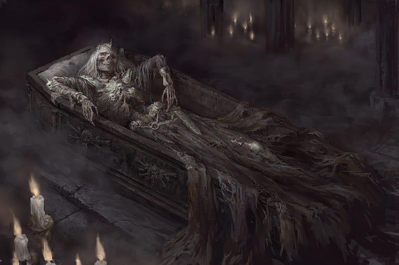 skeleton, coffin, horror, scary, crown, underground, Fantasy, HD wallpaper
