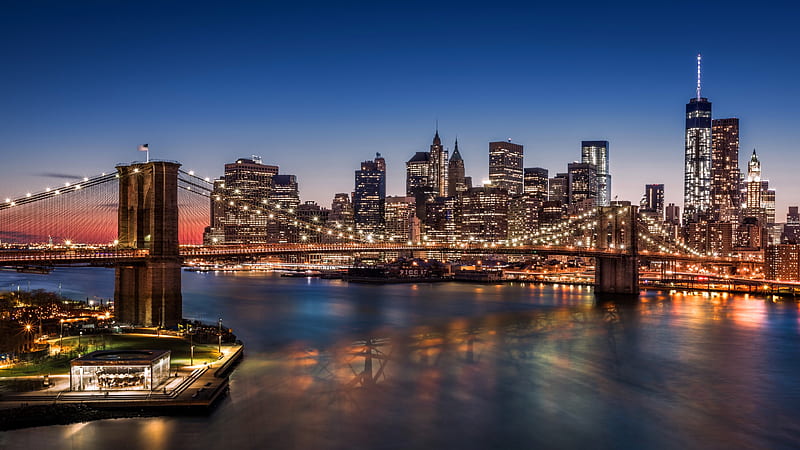 New York, city, harbour, brooklyn, bridge, manhattan, lights, skyscrapers, HD wallpaper