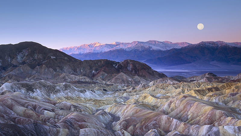 Twilight Death Valley, Mojave Desert, moon, California, geological, mountains, Death Valley, sunset, sky, HD wallpaper