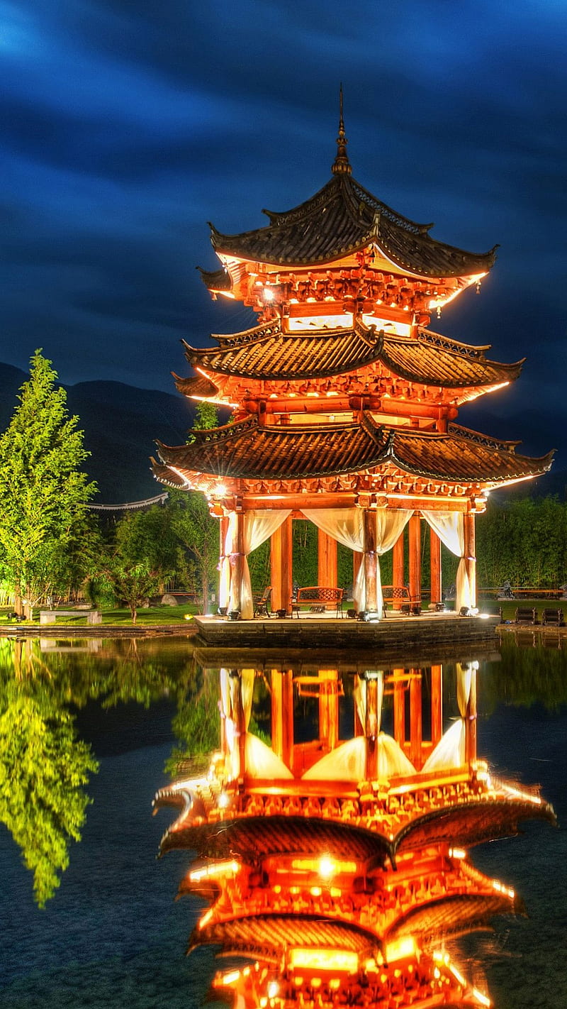 Pagoda Gazebo, gazebo, lake, pagoda, reflecting, HD phone wallpaper