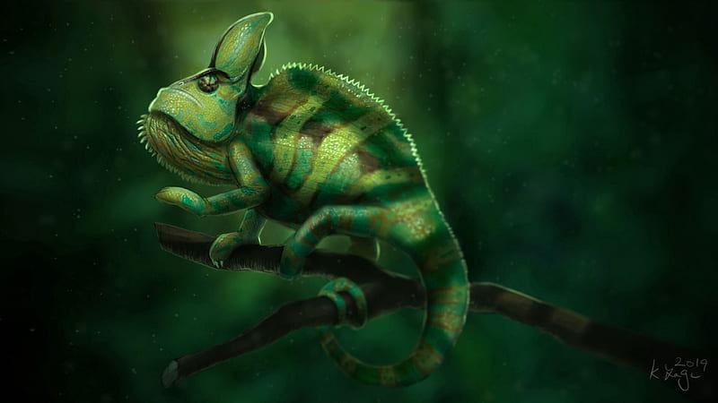 chameleon, lizard, green, branch, art, HD wallpaper