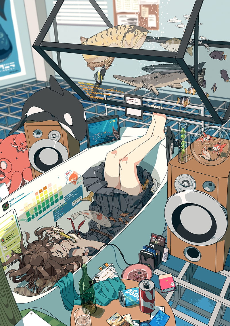 animals, bath, bathtub, fish, octopus, whale, solo, long hair, music player, anime, artwork, HD phone wallpaper