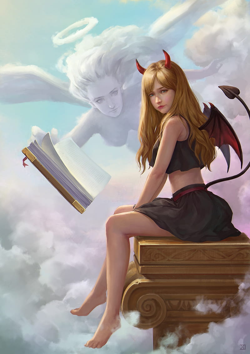 fantasy art, demon, horns, wings, sitting, barefoot, fantasy girl, HD phone wallpaper