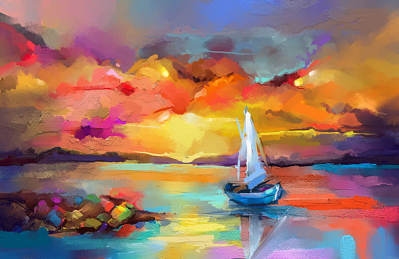 Sea, Dawn, Paint, Boat, Painting, Sail, Artistic, HD wallpaper