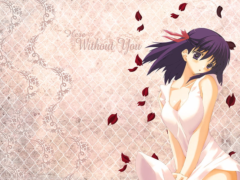 here with out you, cute, rose petals, girl, anime, white dress, purple girl, HD wallpaper
