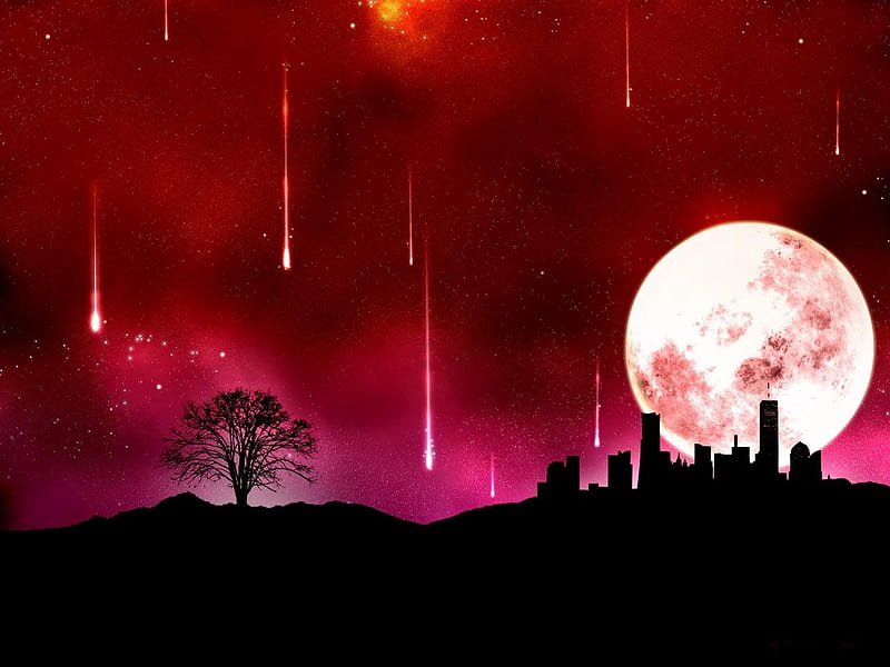Fire Falling From The Sky, fire, moon, city, rain, silhouette, pink, HD wallpaper