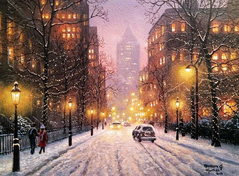 Winter in the City, snow, people, buildings, car, painting, artwork, HD  wallpaper | Peakpx