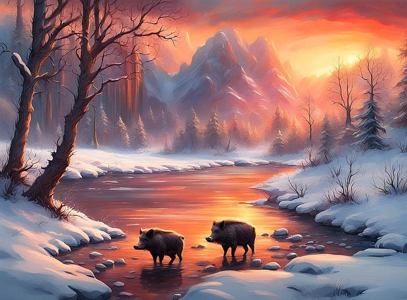 Wild boars at the winter river, ho, tel, evad, napnyugta, havas fak, folyo, hegyek, teli tajkep, fagyott, hideg, termeszet, erdo, havas, vaddisznok, HD wallpaper