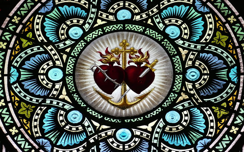 Hearts of Jesus and Mary, corazones, Jesus, monastery, stained glass, Mary, HD wallpaper