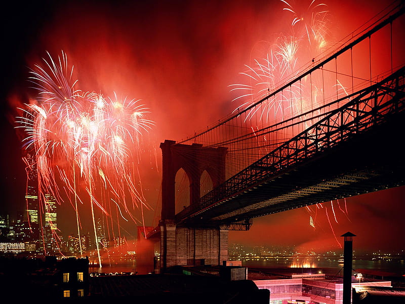 Untitled , red, new york city, celebration, fireworks, brooklyn bridge, HD wallpaper