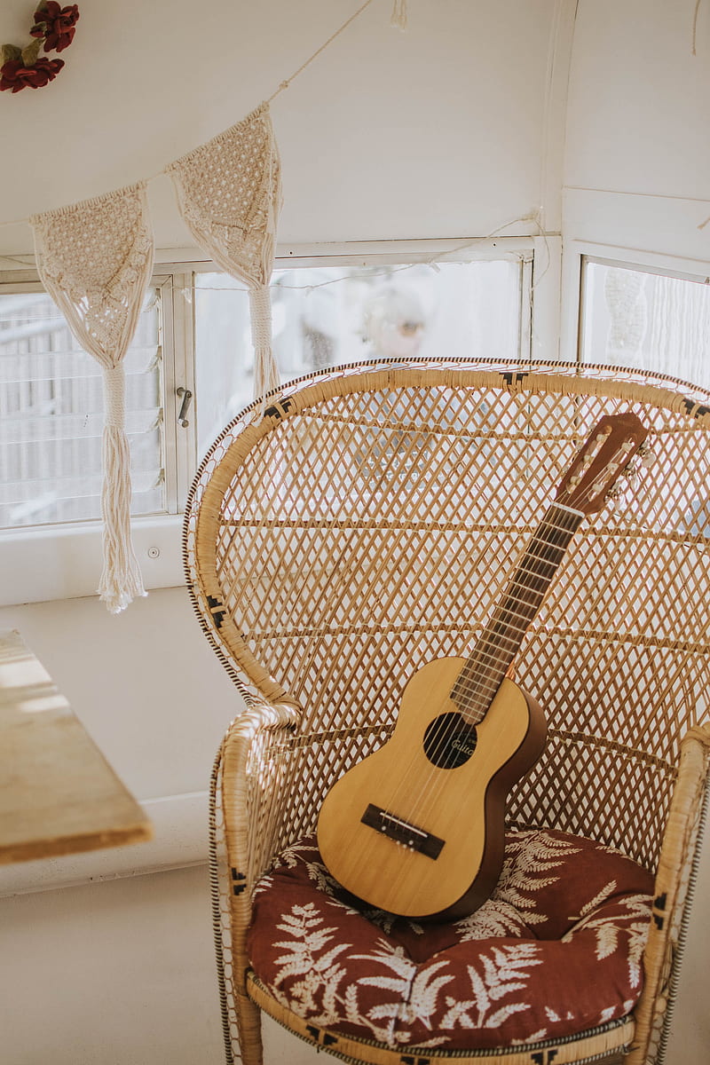 guitar, musical instrument, armchair, brown, HD phone wallpaper