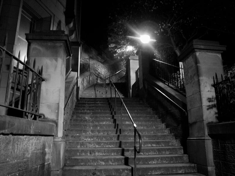 The steps to midnight, medievil, architecture, street steps urban, gothic, victorian, street, night, HD wallpaper