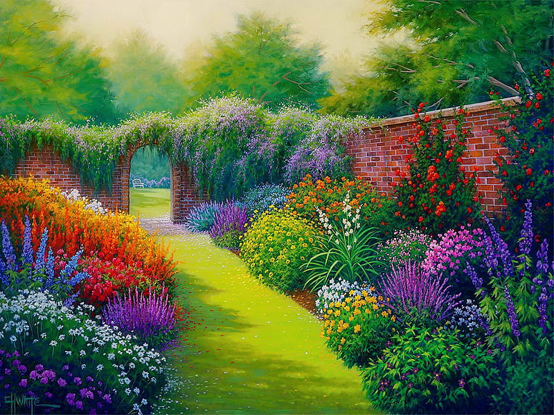 Secret garden, pretty, art, lovely, view, bench, bonito, spring, arch, flowers, garden, summer, secret, HD wallpaper