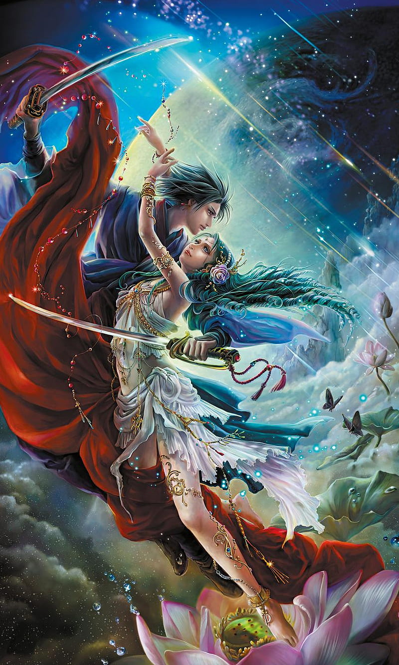 Together, couple, dance, fantasy, love, lovers, magic, protect, HD phone wallpaper