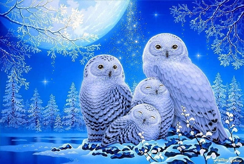 My Little Angels, moons, family, white trees, love four seasons, owls, xmas and new year, winter, paintings, snow, blue and white, animals, HD wallpaper