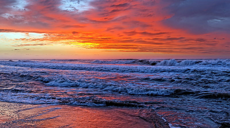 Superb seascape sunset r, beach, colors, r, sunset, waves, clouds, sea ...