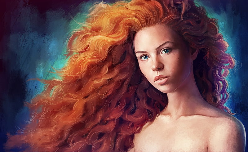 Merida, art, fantasy, redhead, girl, face, princess, portrait, luminos, HD wallpaper