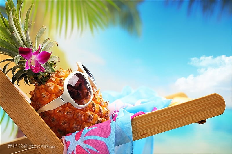 Leaning pineapple on the beach, Glasses, Pineapple, beach, Summer, HD wallpaper