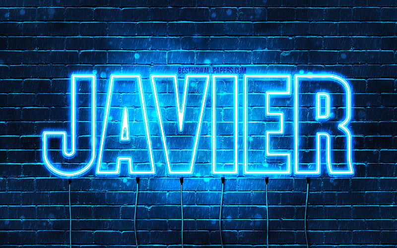 Javier with names, horizontal text, Javier name, blue neon lights, with Javier name, HD wallpaper