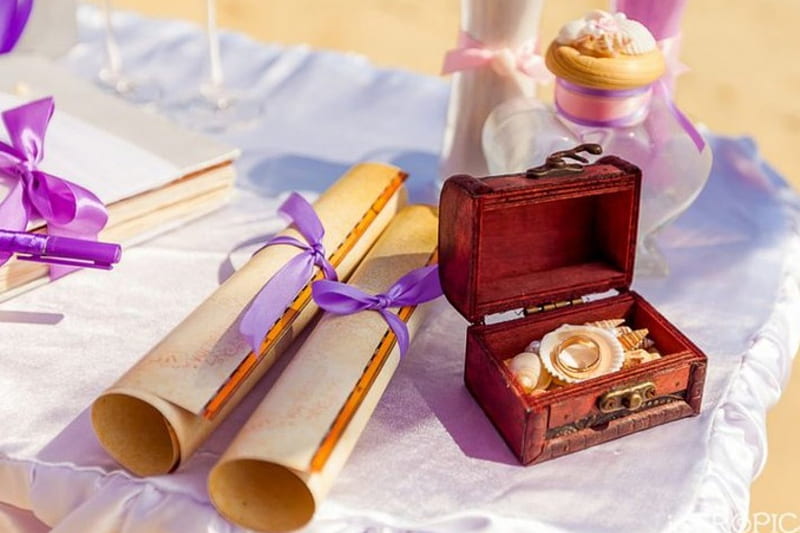 Scrolls of marriage, wedding day, decoration, purple ribbons, scrolls, box, bonito, HD wallpaper