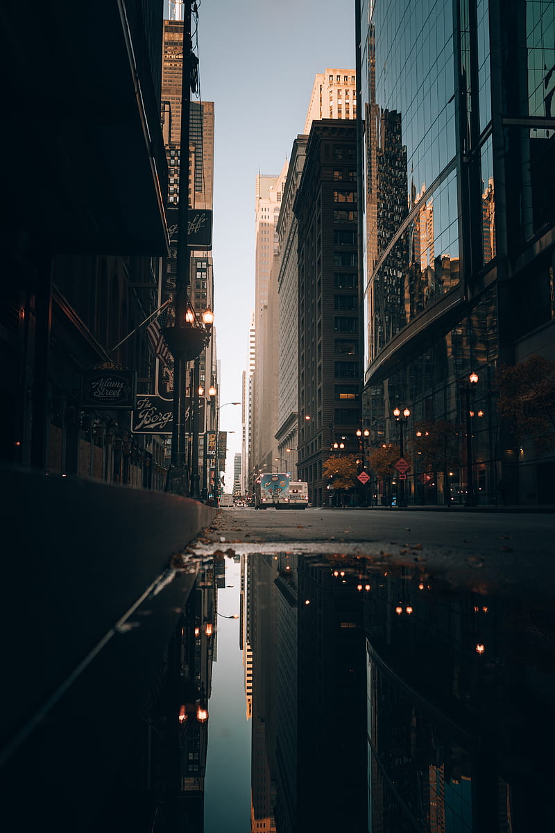 street, city, buildings, puddle, reflection, HD phone wallpaper