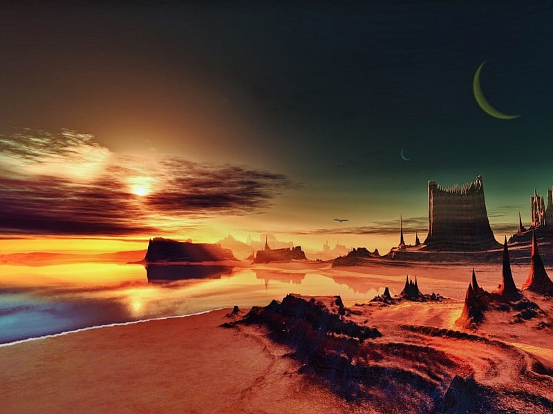 Surrendering at Sunset, beach, rocks, moon, nature, sunset, clouds, HD wallpaper
