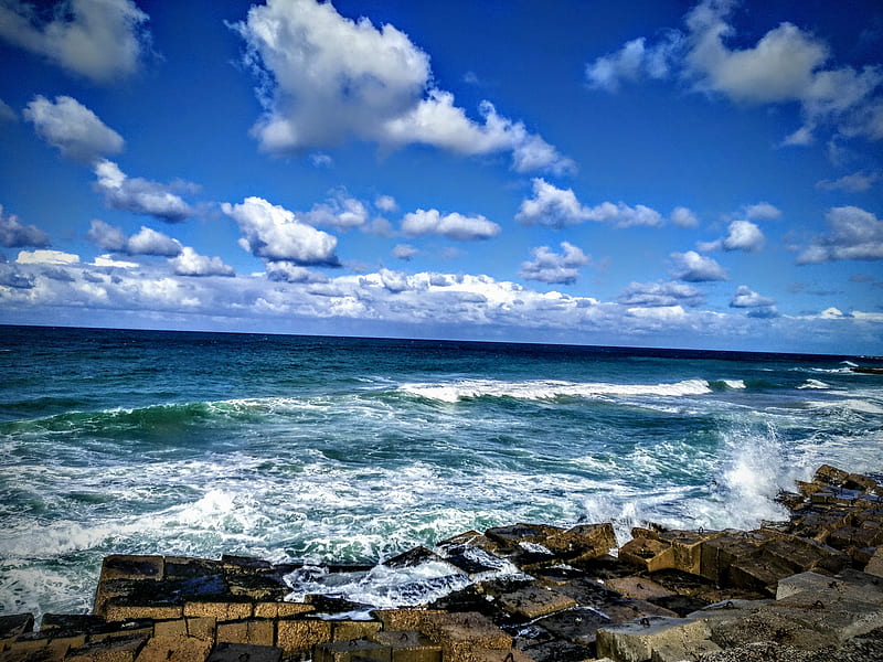 Alexandria, sea, beach, coast, blue, edge, coral, waves, wind, cloud, HD wallpaper