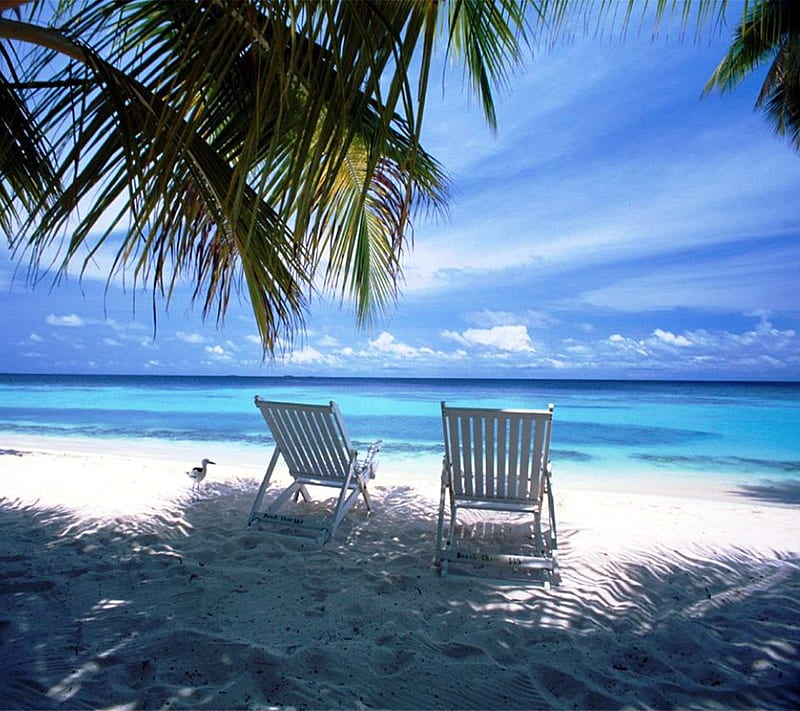 Beautiful Beach, chairs, landscape, nature, ocean, sand, HD wallpaper