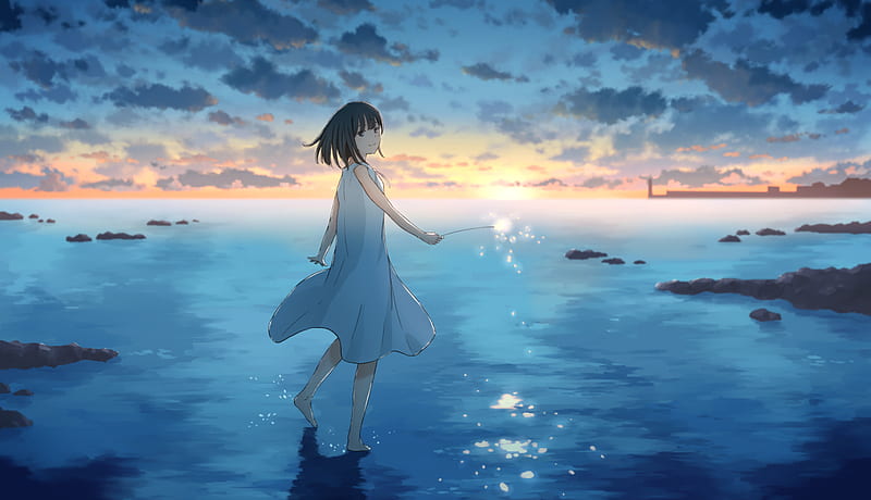 Anime girl, horizon, landscape, clouds, sunset, Anime, HD wallpaper