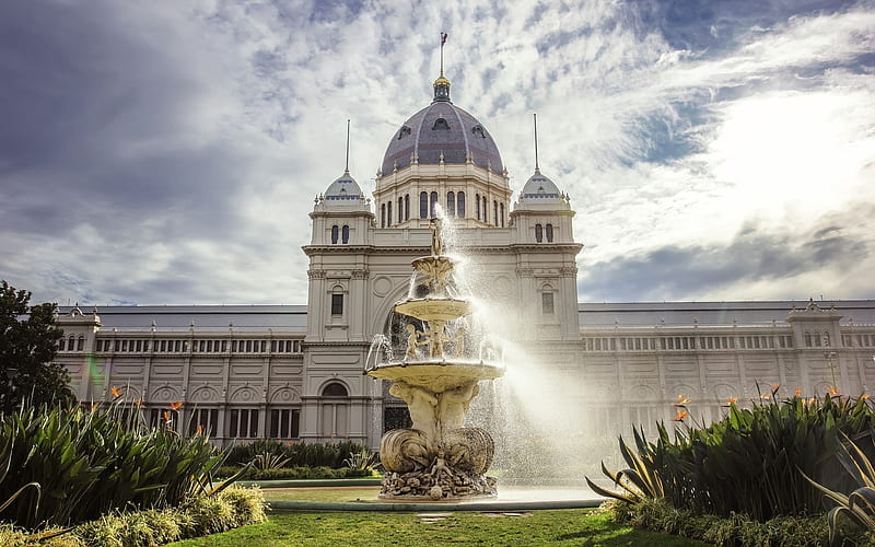 Royal Exhibition Building, Melbourne, dome, building, fountain, Australia, HD wallpaper