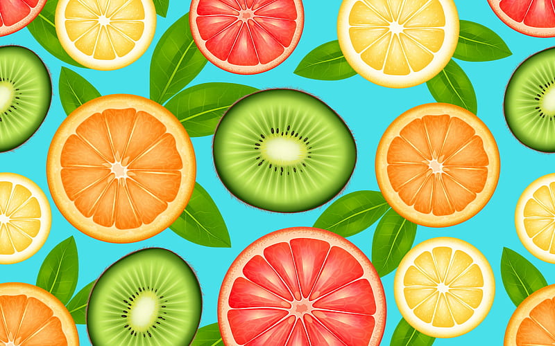 Texture, blue, leaf, pattern, exotic, orange, kiwi, fruit, vara, green, grapefruit, summer, paper, HD wallpaper