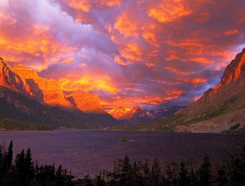 Sunrise over St Marys Lake, Montana, forest, mountains, montana, sunrise, lake, HD wallpaper