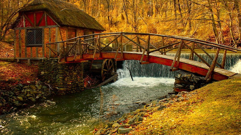 bridge to a watermill, autumn, mill, bridge, river, waterfalls, HD wallpaper