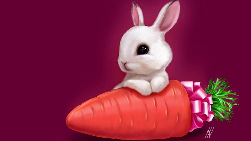 Cute White Rabbit With Carrot In A Raspberry Color Background Animals, HD wallpaper