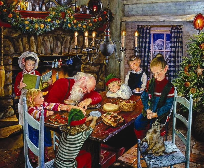 The patient elves, art, craciun, christmas, elf, santa, susan brabeau, fantasy, painting, pictura, HD wallpaper