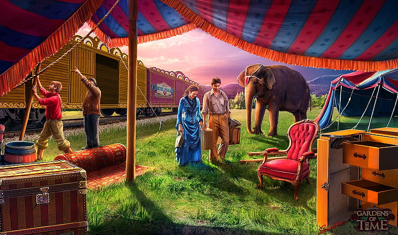 Circus tent set up, red, circus, fantasy, luminos, green, people, elephant, suresh pydikondala, blue, HD wallpaper
