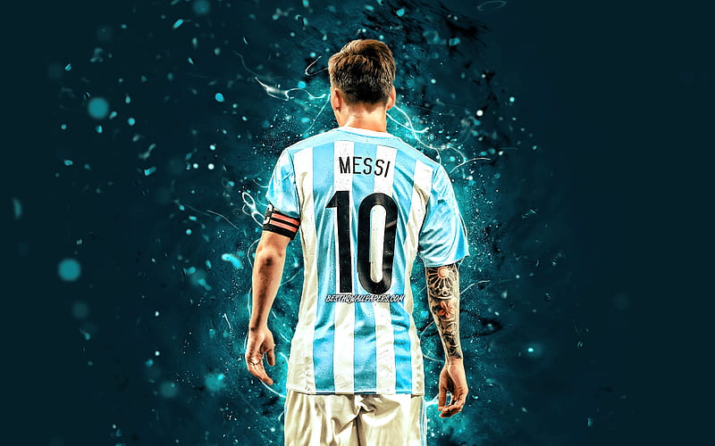 Lionel Messi, 2020 back view, Argentina national football team football stars, blue neon lights, Leo Messi, soccer, Messi, footballers, Argentine National Team, Lionel Messi, HD wallpaper