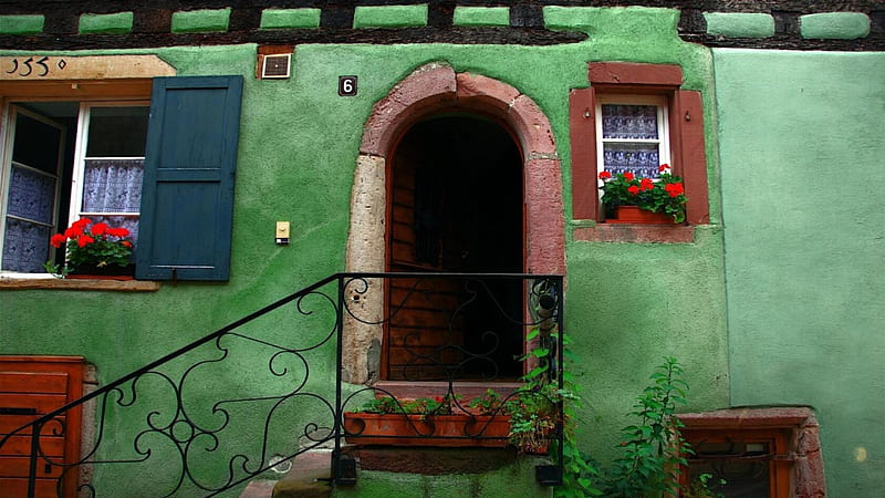 door in a green house, windows, house, green, stairs, facade, door, HD wallpaper
