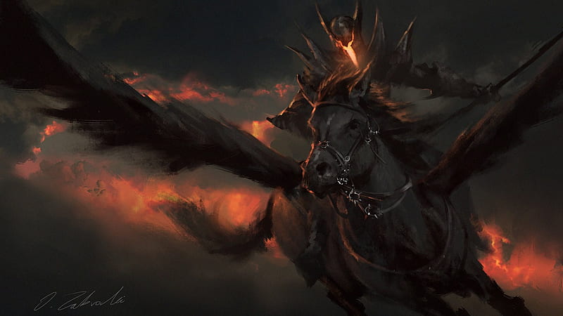 Black Pegasus, fantasy, pegasus, warrior, dark, horse, sky, horror, knight, HD wallpaper
