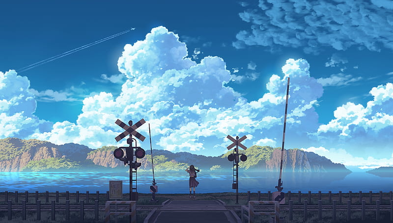 anime girl, train station, clouds, scenic, school uniform, water, Anime, HD wallpaper